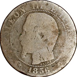 Cinq centimes, tête nue, Napoléon III, 1856, Strasbourg