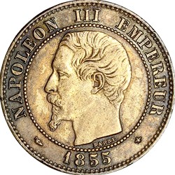 Deux centimes, tête nue, Napoléon III, 1855, chien, Strasbourg