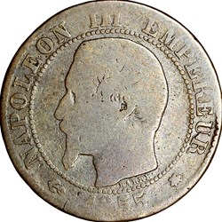Cinq centimes, tête nue, Napoléon III, 1855, ancre, Strasbourg