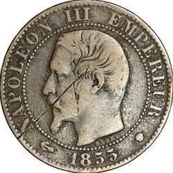 Cinq centimes, tête nue, Napoléon III, 1855, ancre, Marseille