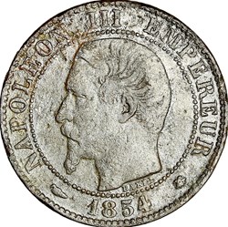 Cinq centimes, tête nue, Napoléon III, 1854, petite abeille, Strasbourg