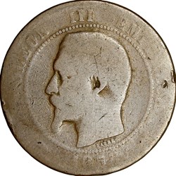 Dix centimes, tête nue, Napoléon III, 1855, chien, Lyon