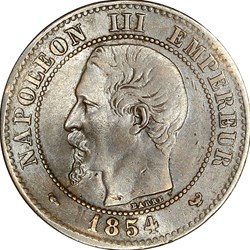 Deux centimes, tête nue, Napoléon III, 1854, Lille