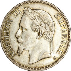 5 francs, tête laurée, Napoléon III, 1868, Strasbourg