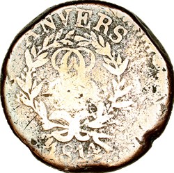 10 centimes d'Anvers au double L, Louis XVIII, 1814, Anvers, atelier de l'arsenal