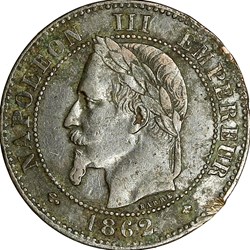 Deux centimes, tête laurée, Napoléon III, 1862, Paris