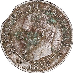 Un centime, tête nue, Napoléon III, 1856, Rouen, clipée bord de feuille