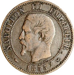 Deux centimes, tête nue, Napoléon III, 1855, chien, Rouen