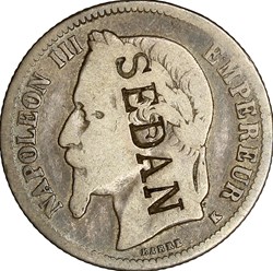 1 franc, tête laurée, Napoléon III, 1867, Bordeaux, contremarque SEDAN
