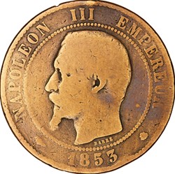 Dix centimes, tête nue, Napoléon III, 1853, coquille à l'envers, Marseille