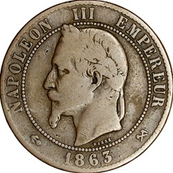 Dix centimes, tête laurée, Napoléon III, 1863, Bordeaux