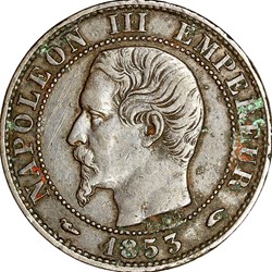 Cinq centimes, tête nue, Napoléon III, 1853, Paris
