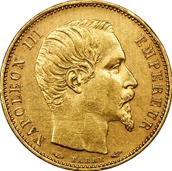 5 francs or, tête nue, petit module, tranche lisse, Napoléon III, 1854, Paris