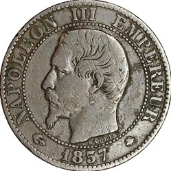 Cinq centimes, tête nue, Napoléon III, 1857, Strasbourg