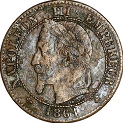 Deux centimes, tête laurée, buste définitif, Napoléon III, 1861, Paris