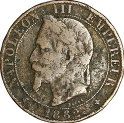 Cinq centimes, tête laurée, Napoléon III, 1862, Strasbourg