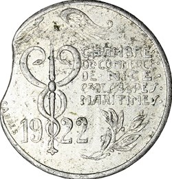 10 centimes, Chambre de Commerce de Nice et des Alpes Maritimes, 1922, monnaie clipée