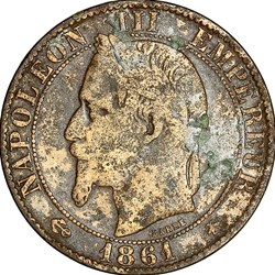 Cinq centimes, tête laurée, Napoléon III, 1861, Paris