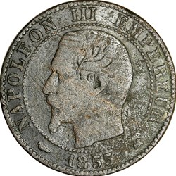 Cinq centimes, tête nue, Napoléon III, 1855, chien, Bordeaux