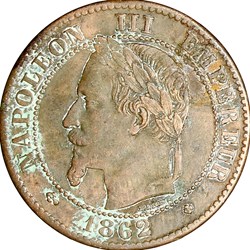 Deux centimes, tête laurée, Napoléon III, 1862, petit BB, Strasbourg