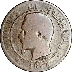Dix centimes, tête nue, Napoléon III, 1857, Rouen