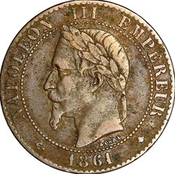 Deux centimes, tête laurée, buste provisoire, Napoléon III, 1861, Paris