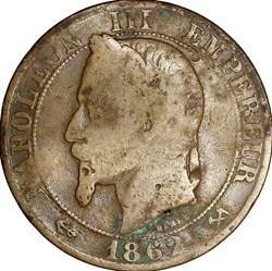 Cinq centimes, tête laurée, Napoléon III, 1862, Bordeaux