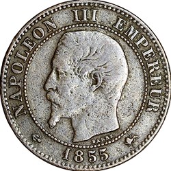 Deux centimes, tête nue, Napoléon III, 1855, ancre, grand lion, petit D, Lyon