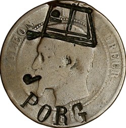 Dix centimes, tête nue, Napoléon III, 1854, Strasbourg, contremarque et regravure satirique