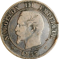 Deux centimes, tête nue, Napoléon III, 1855, ancre, Rouen