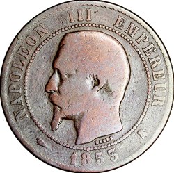 Dix centimes, tête nue, Napoléon III, 1853, feuille verticale, Bordeaux