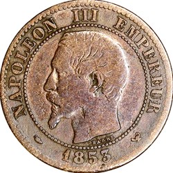 Deux centimes, tête nue, Napoléon III, 1853, Lille