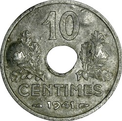 10 centimes Etat-Français, grand module, Etat Français, 1941, flan cloqué