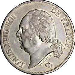 5 francs tête nue, Louis XVIII, 1823, Paris