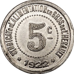 5 centimes, Syndicat de l'alimentation en gros de l'Hérault, 1922