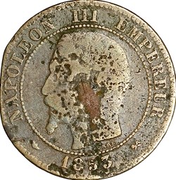 Deux centimes, tête nue, Napoléon III, 1853, Rouen