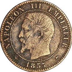 Deux centimes, tête nue, Napoléon III, 1855, chien, petit lion, petit D, Lyon