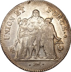 5 francs Union et Force, Union serré, petite feuille à 3 lobes, Directoire, an 6, Paris