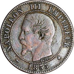 Deux centimes, tête nue, Napoléon III, 1855, chien, Bordeaux