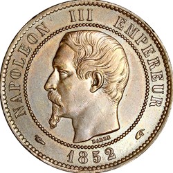 Dix centimes, tête nue, Napoléon III, 1852, Paris