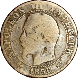 Cinq centimes, tête nue, Napoléon III, 1856, Paris