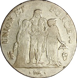 5 francs Union et Force, Union serré, sans glands intérieurs ni olive, Directoire, an 7, Perpignan