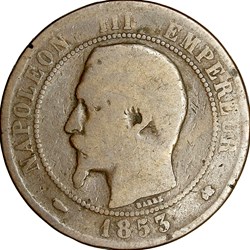 Dix centimes, tête nue, Napoléon III, 1853, feuille horizontale, Bordeaux