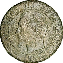 Cinq centimes, tête nue, Napoléon III, 1855, chien, Lille