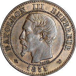 Deux centimes, tête nue, Napoléon III, 1855, Lille