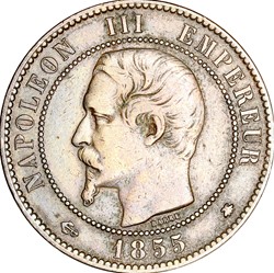 Dix centimes, tête nue, Napoléon III, 1855, ancre, Strasbourg