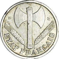 1 franc francisque, légère, Etat Français, 1943, Beaumont-le-Roger