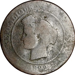 5 centimes Cérès, IIIe République, 1892, Paris