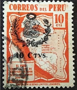 MAPA DE CARRETERAS DEL PERÚ. Vermelho 10 Cts (Brasão) -WATERLOW AND SONS LIMITED LONDRES (Peru 1943)