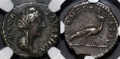 Silver Denarius of Empress Faustina Sr. Peacock standing on reverse.